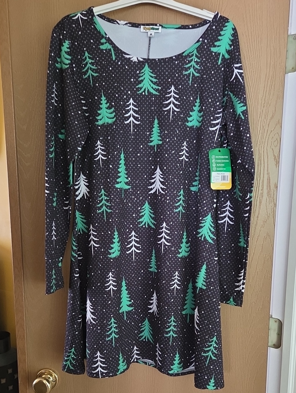 Tipsy Elves Black Dress with Green & White Tree Print, NWT
